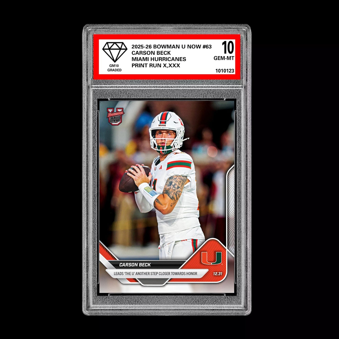 Graded 10 Carson Beck 2025-26 Bowman U Now #63 Miami Hurricanes PRESALE Football