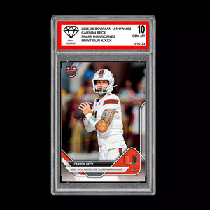 Graded 10 Carson Beck 2025-26 Bowman U Now #63 Miami Hurricanes PRESALE Football