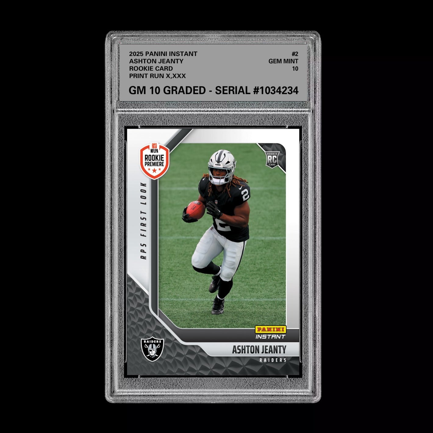 Graded 10 Ashton Jeanty #2 RC Rookie 2025 Panini Instant NFL RAIDERS Premiere  Football