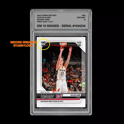 Graded 10 CAITLIN CLARK #186 RC ROOKIE Card 2024 Panini Instant Indiana Fever Basketball