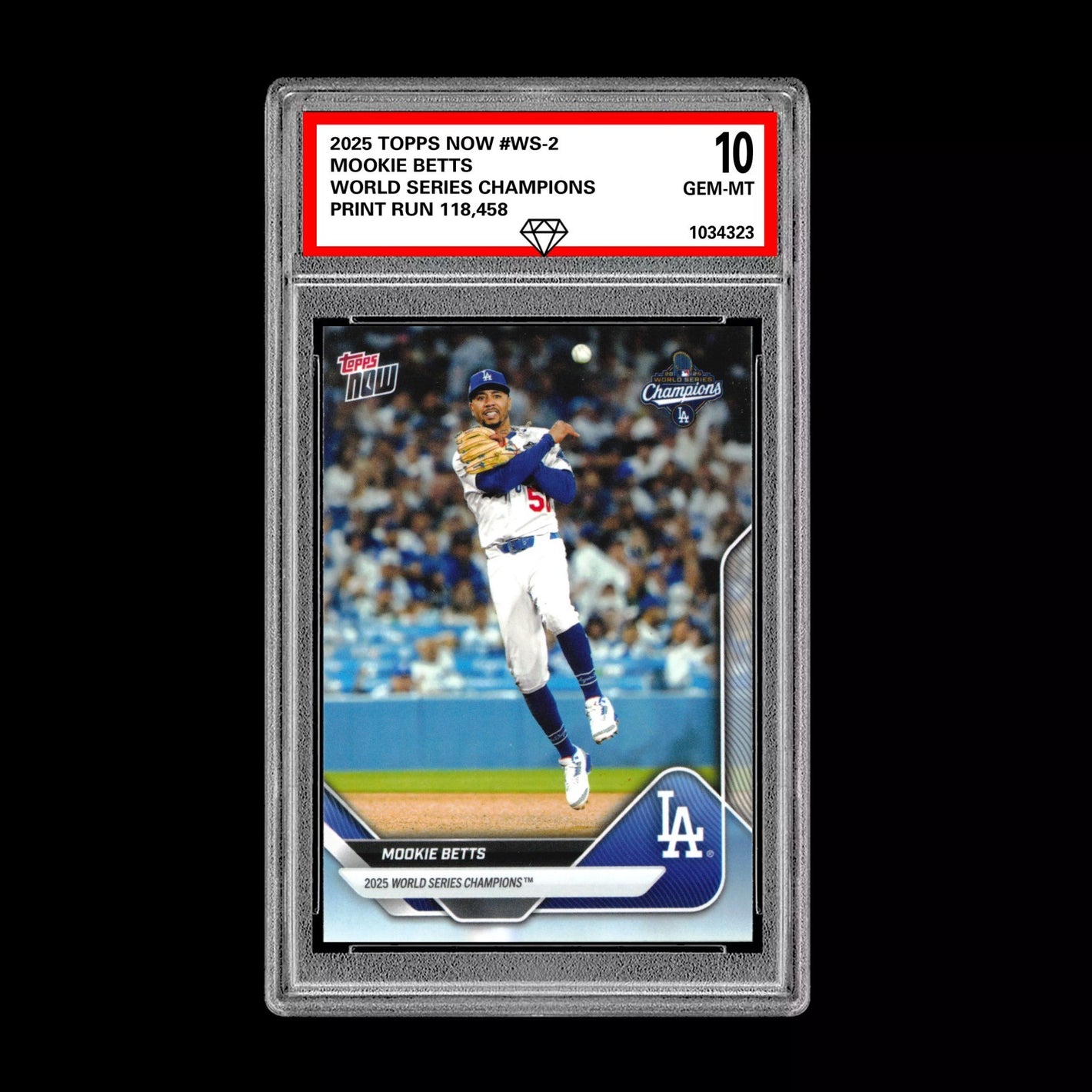 Graded 10 Mookie Betts #WS-2 2025 Topps Now World Series Champions Dodgers Baseball