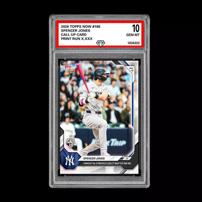 Graded 10 Spencer Jones 2026 Topps NOW #186Call Up Rookie Card Yankees PRESALE Baseball