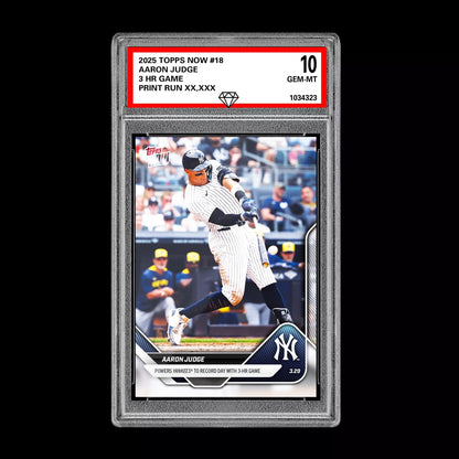 Graded 10 Aaron Judge #18 2025 MLB Topps NOW 3 HR Game Card New York Yankees Baseball