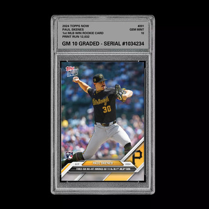 Graded 10 Paul Skenes #201 1st MLB WIN 2024 Topps Now RC Rookie Card Pirates Baseball