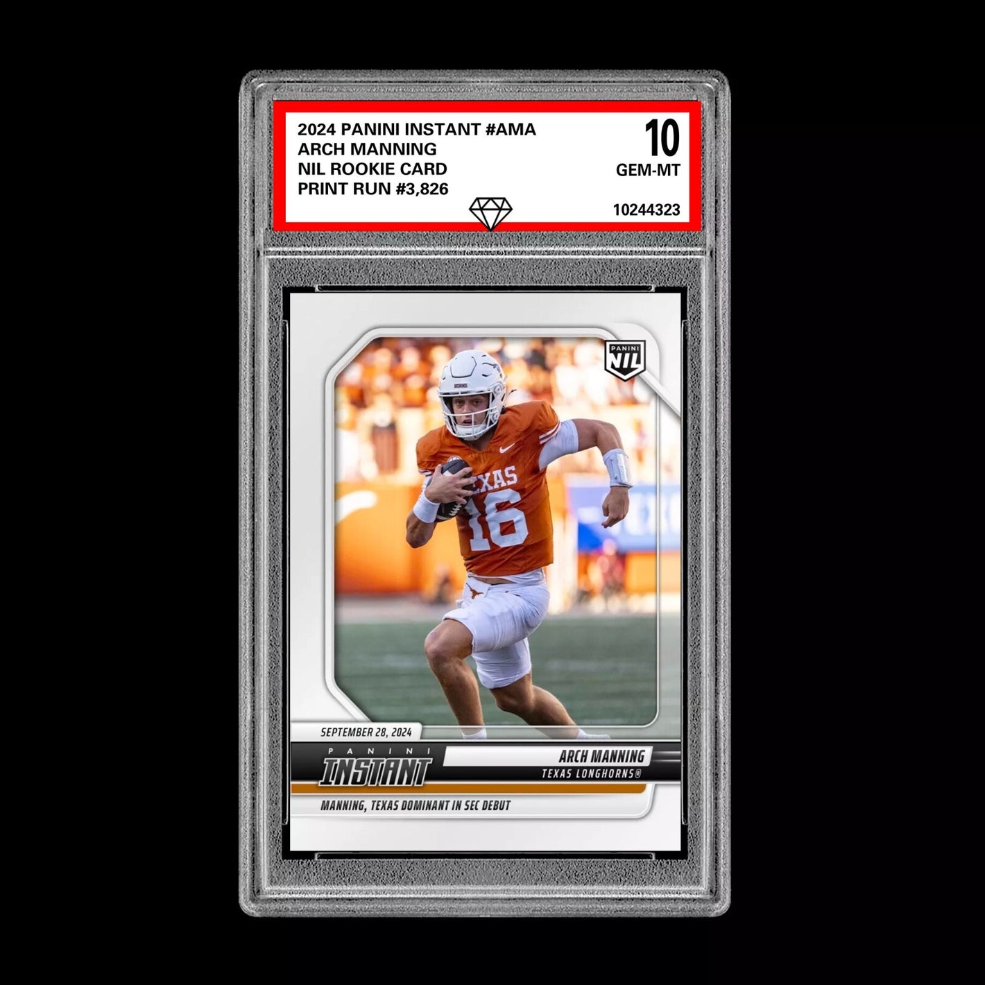 Graded 10 Arch Manning RC 2024-25 Panini Instant NIL NCAA #AMC Texas Rookie Card Football