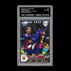 Graded 10 Lamine Yamal 2025-26 UCL Topps Now Most Goals U18 Rookie Card #65 RC Soccer