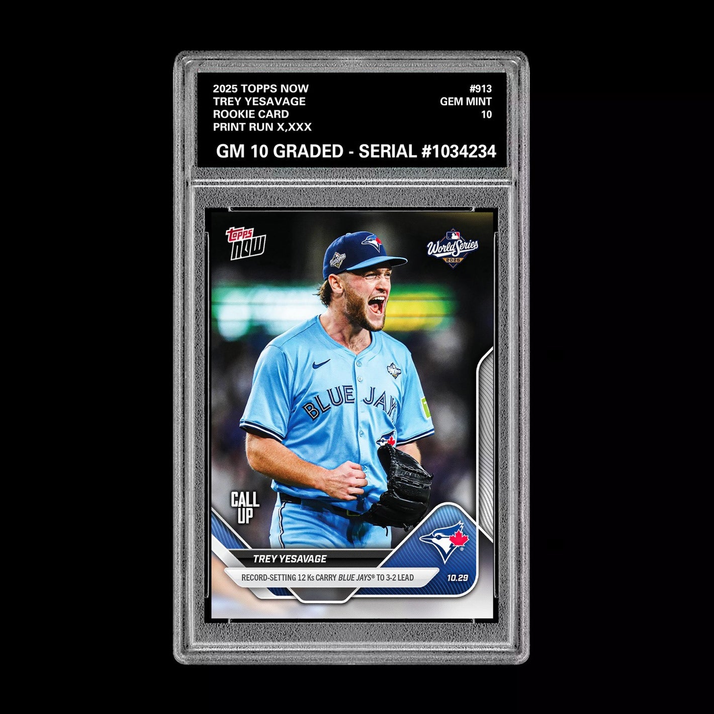 Graded 10 Trey Yesavage WORLD SERIES Rookie RC 2025 MLB Topps NOW 913  Baseball